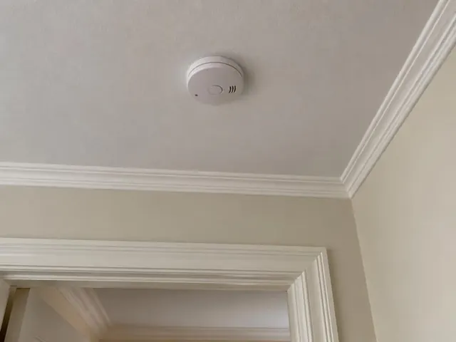 White smoke alarm on a ceiling with ornate cornices in Normanhurst
