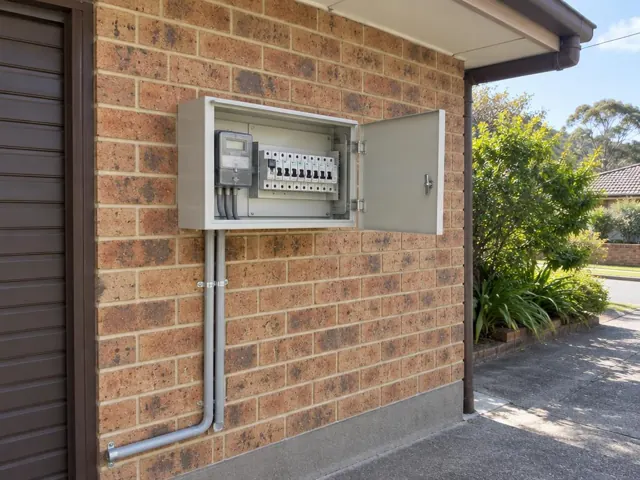 Open electrical switchboard on a brick exterior wall outside a house in Berowra